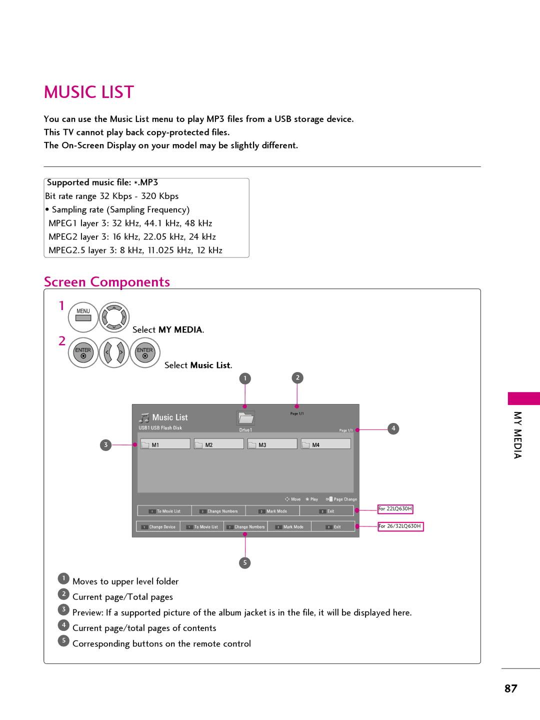 LG Electronics 32LQ63OH, 42CQ61OH, 22LQ63OH, 26LQ63OH owner manual Music List, Select MY Media 