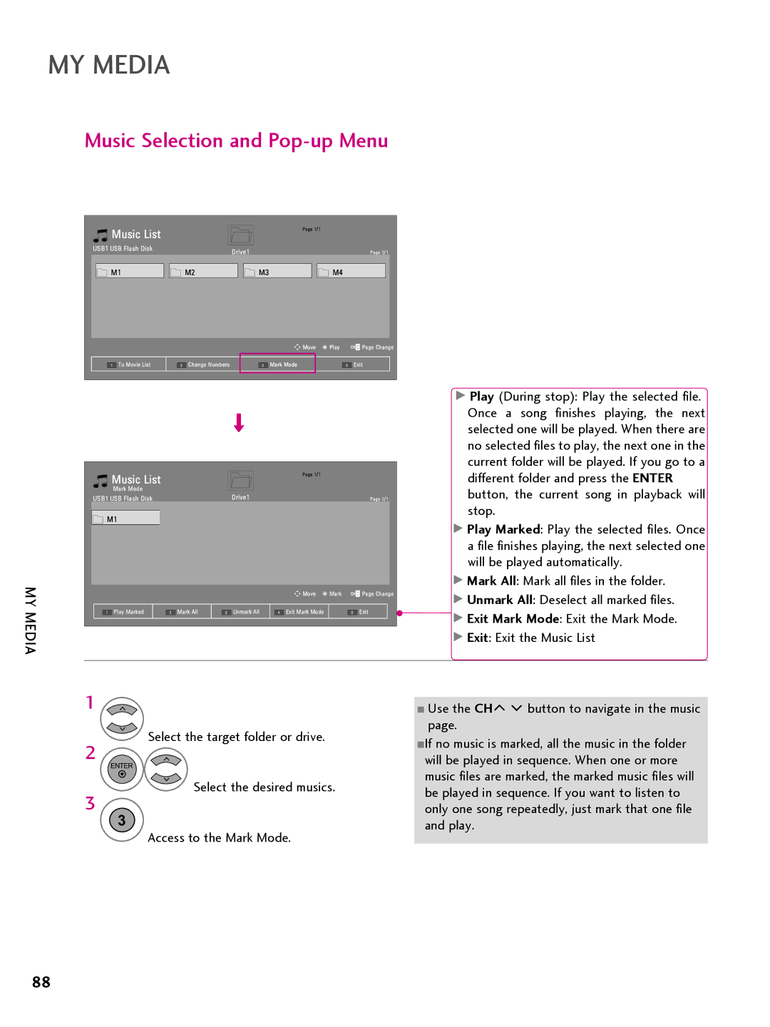 LG Electronics 42CQ61OH, 22LQ63OH, 26LQ63OH, 32LQ63OH Music Selection and Pop-up Menu, Mark All Mark all files in the folder 