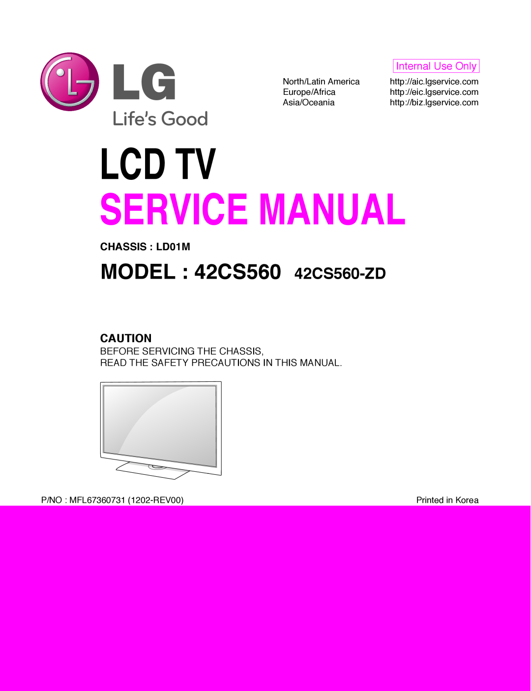 LG Electronics service manual CHASSIS LD01M, Lcd Tv, MODEL 42CS560 42CS560-ZD, Internal Use Only, North/Latin America 