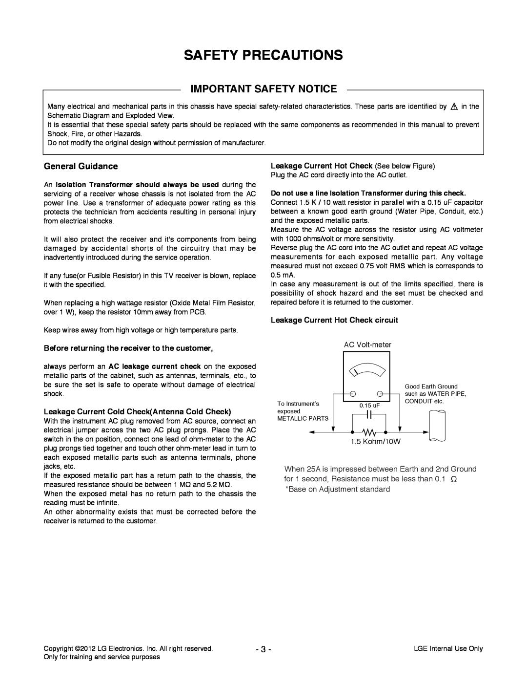 LG Electronics 42CS669C-ZD Safety Precautions, Important Safety Notice, General Guidance, AC Volt-meter, Kohm/10W 