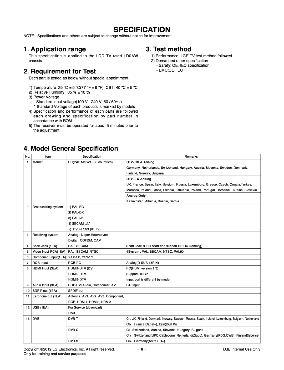 LG Electronics 42CS669C-ZD service manual Specification, Application range, Test method, Requirement for Test 