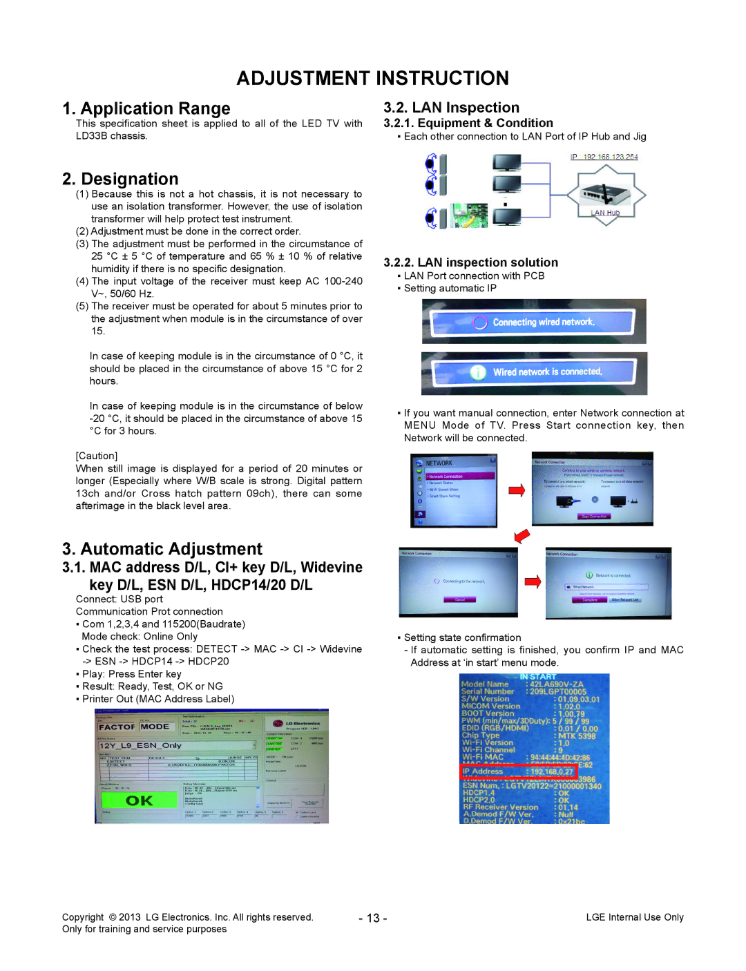 LG Electronics 42LA69**-Z* Adjustment Instruction, Application Range, Designation, Automatic Adjustment, LAN Inspection 