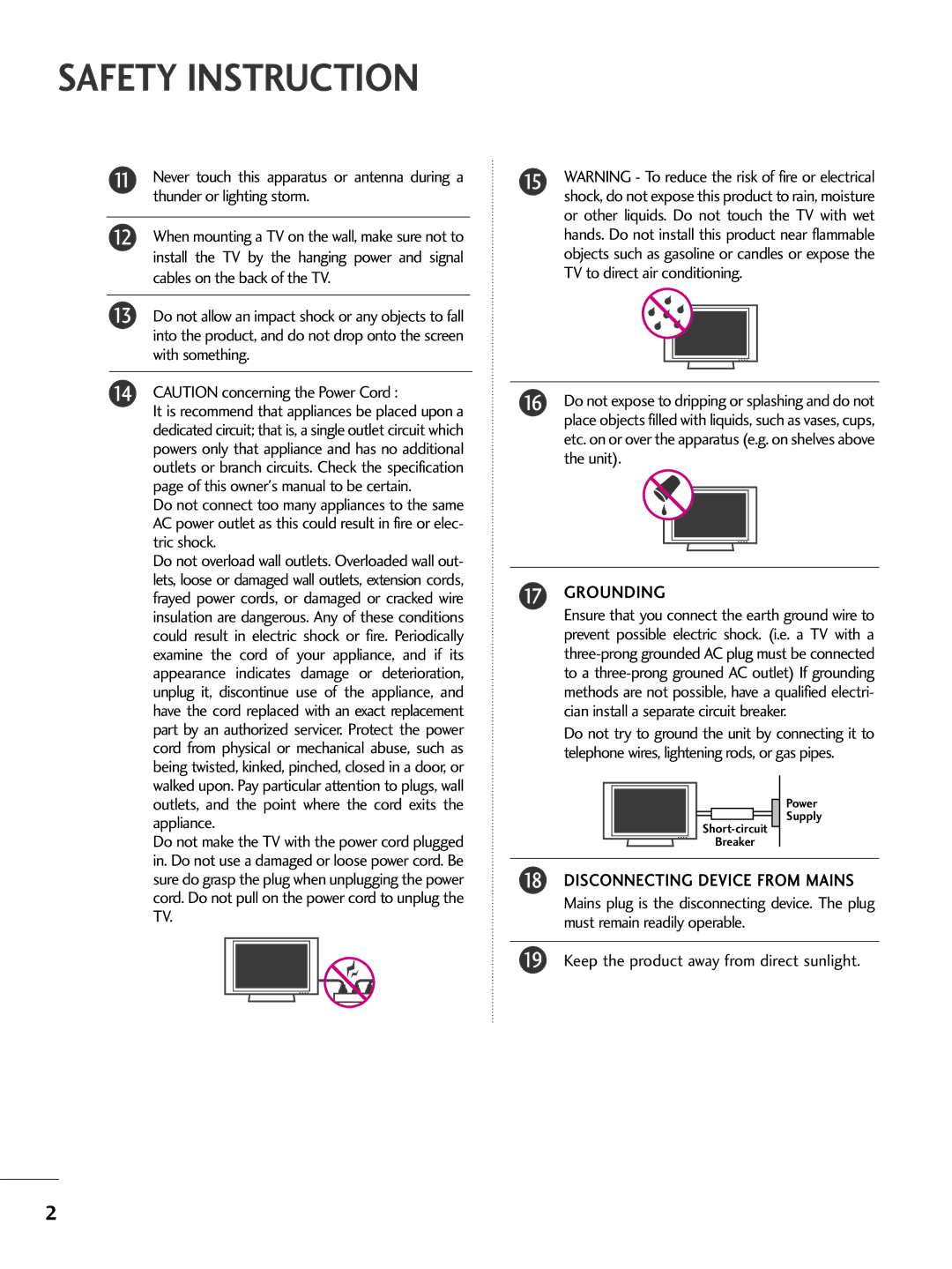 LG Electronics 37LC5DC, 42LC50C, 42LC5DC, 42500H, 37LC50CB Thunder or lighting storm, Cables on the back of the TV, Grounding 