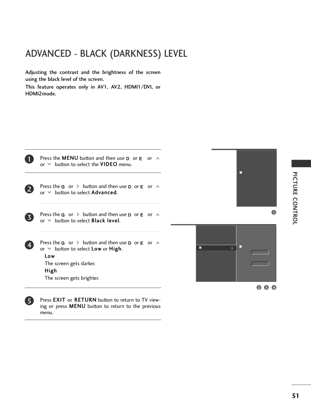 LG Electronics 32LC50C, 42LC50C, 42LC5DC, 42500H, 37LC50CB, 37LC5DC1, 32LX5DC Advanced Black Darkness Level, Picture Control 