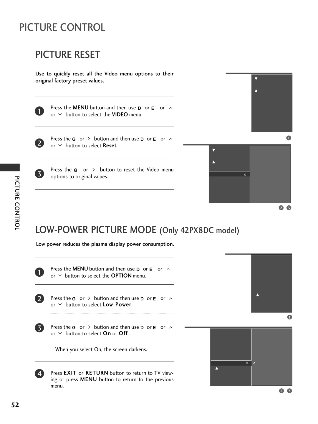 LG Electronics 32LC50CB, 42LC50C Picture Reset, Or button to select Reset Press the G or, Options to original values 