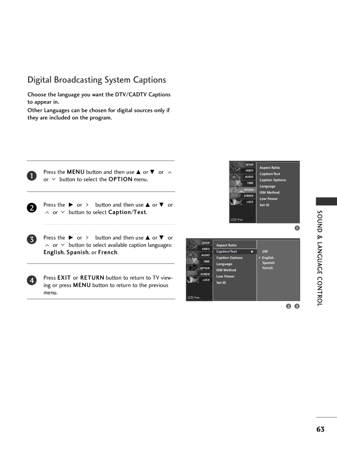 LG Electronics 42500H, 42LC50C, 42LC5DC, 37LC50CB, 32500H Digital Broadcasting System Captions, Button to select Caption/Text 