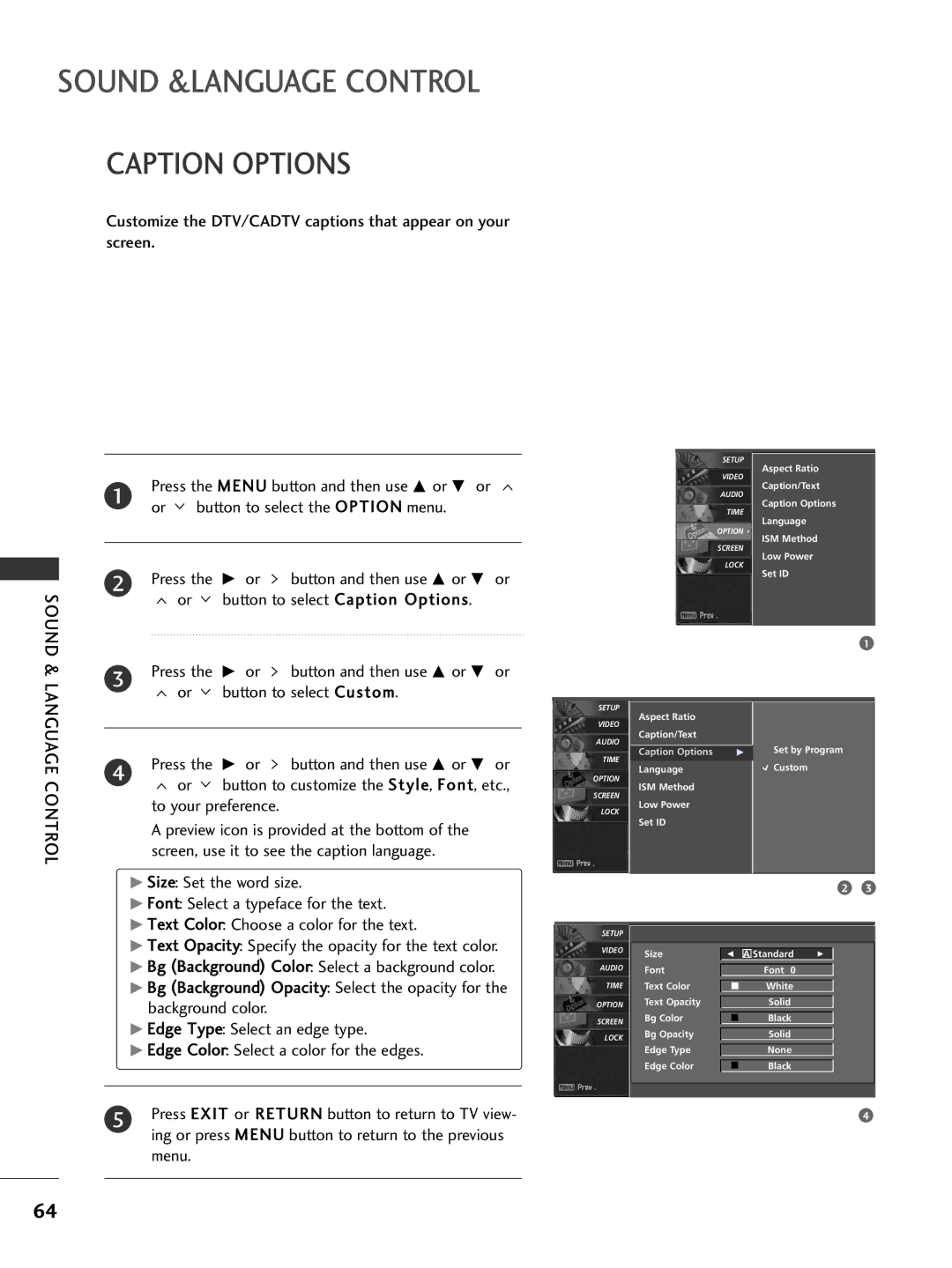 LG Electronics 37LC50CB, 42LC50C, 42LC5DC, 42500H, 37LC5DC Button to select Caption Options, Button to select Custom 