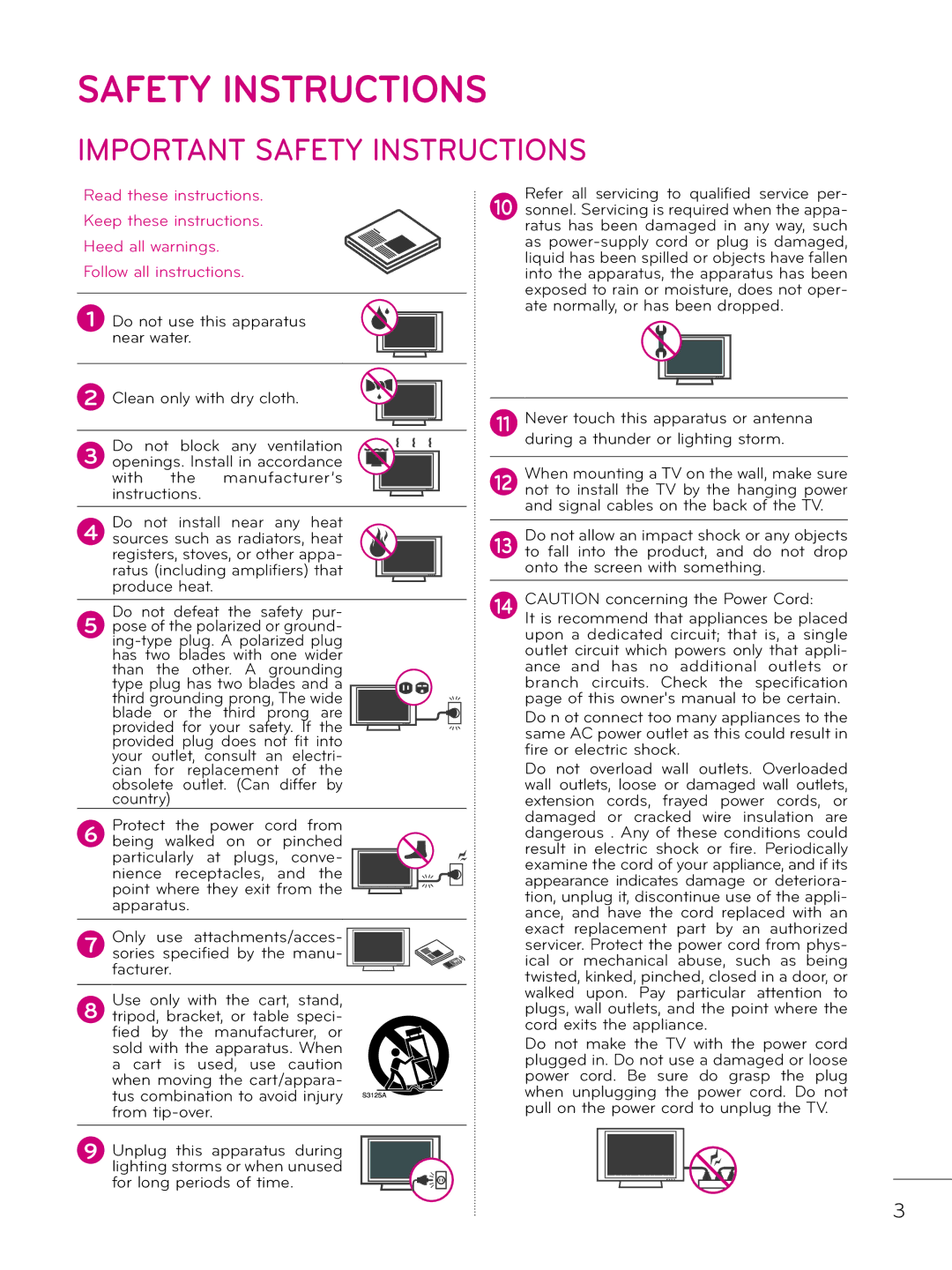 LG Electronics 32LD343H, 42LD343H, 37LD343H Important Safety Instructions, Not to install the TV by the hanging power 