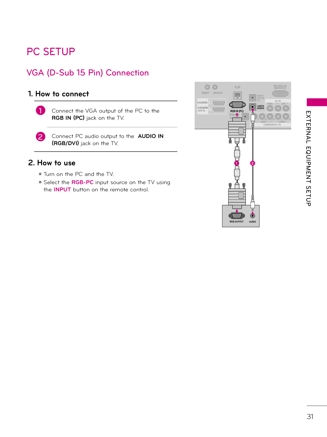 LG Electronics 37LD343H, 42LD343H, 26LD343H, 32LD343H, 32LD333H, 37LD333H owner manual PC Setup, VGA D-Sub 15 Pin Connection 