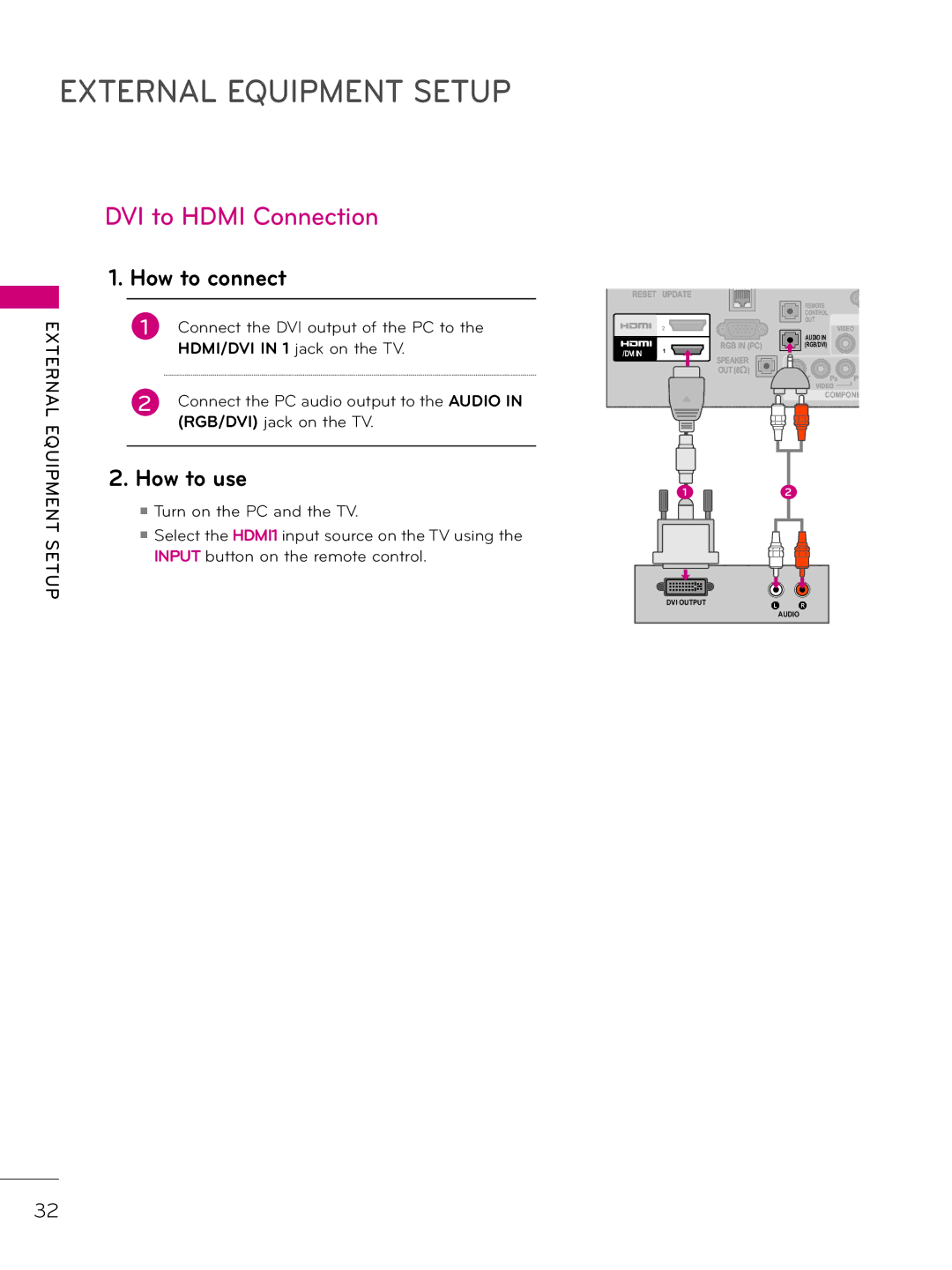 LG Electronics 26LD343H, 42LD343H, 37LD343H Connect the DVI output of the PC to, Connect the PC audio output to the Audio 