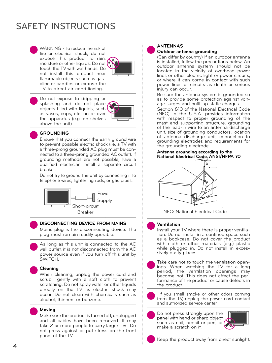 LG Electronics 32LD333H, 42LD343H Cleaning, Moving, Outdoor antenna grounding, NEC National Electrical Code, Ventilation 