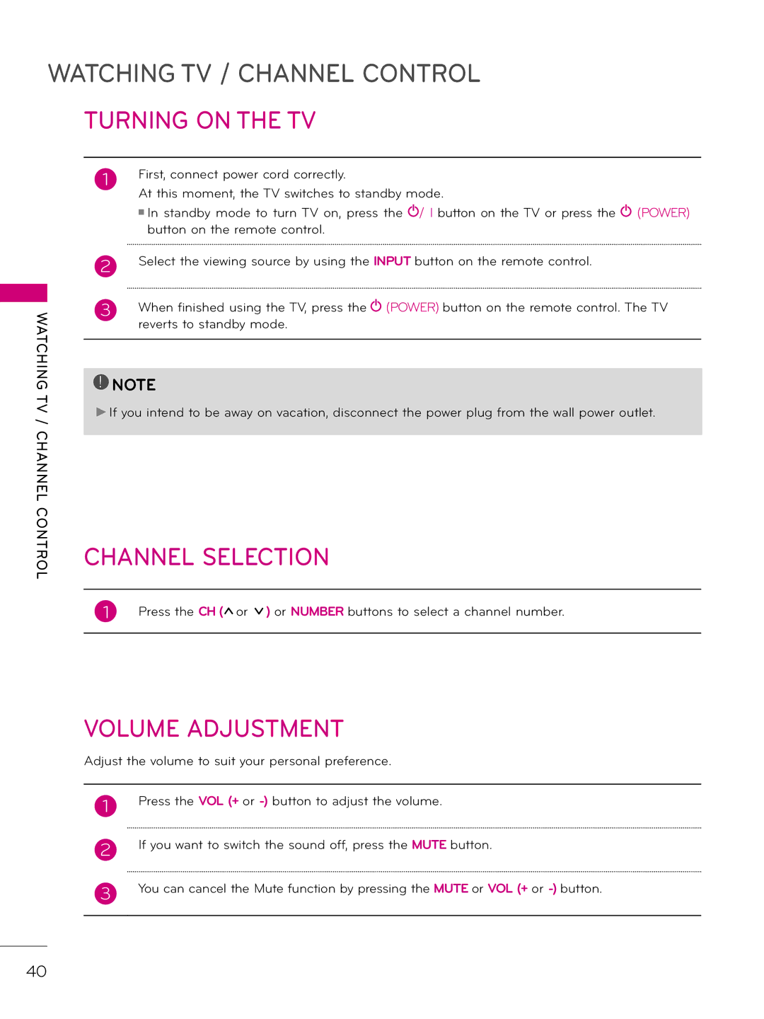 LG Electronics 32LD333H Turning on the TV, Channel Selection, Volume Adjustment, First, connect power cord correctly 