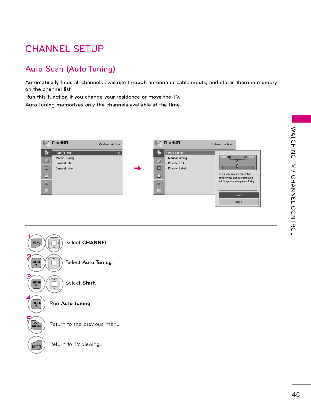 LG Electronics 32LD343H, 42LD343H, 37LD343H Channel Setup, Auto Scan Auto Tuning, Select Auto Tuning, Run Auto tuning 