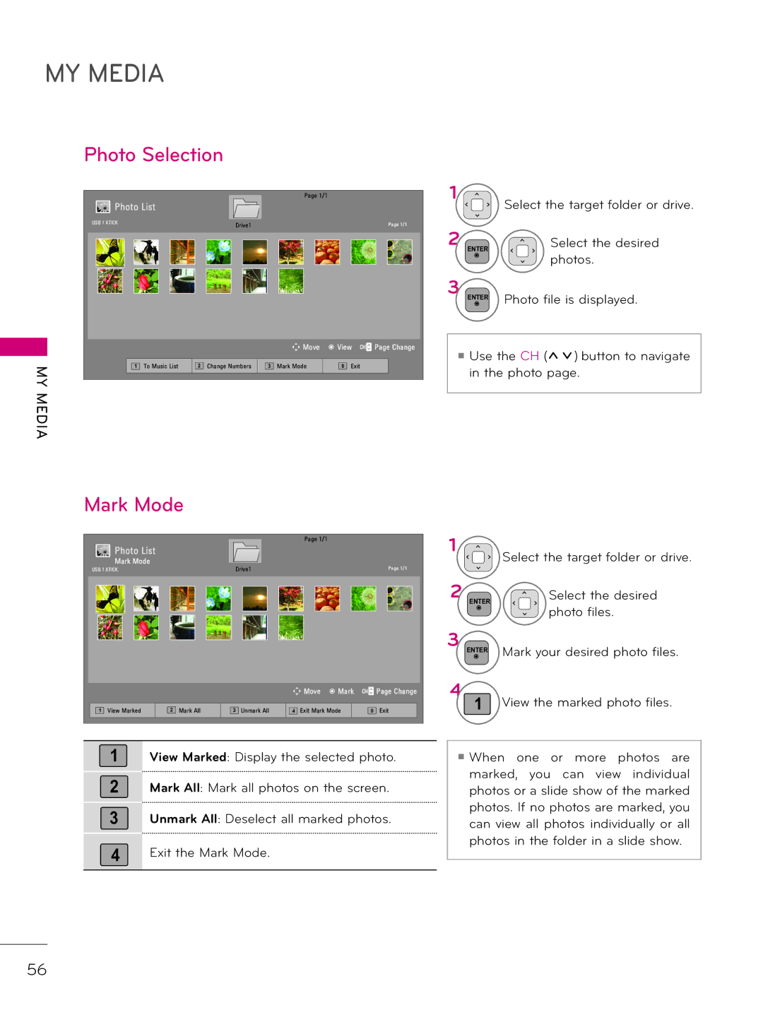 LG Electronics 26LD343H, 42LD343H, 37LD343H, 32LD343H, 32LD333H, 37LD333H owner manual Photo Selection, Mark Mode 