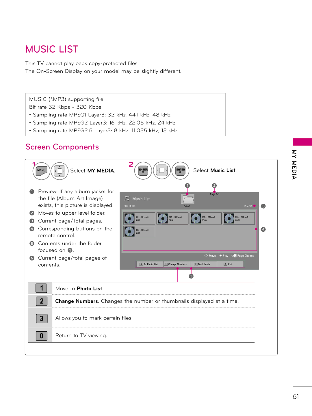 LG Electronics 37LD343H, 42LD343H, 26LD343H, 32LD343H, 32LD333H, 37LD333H owner manual Move to Photo List, Select Music List 