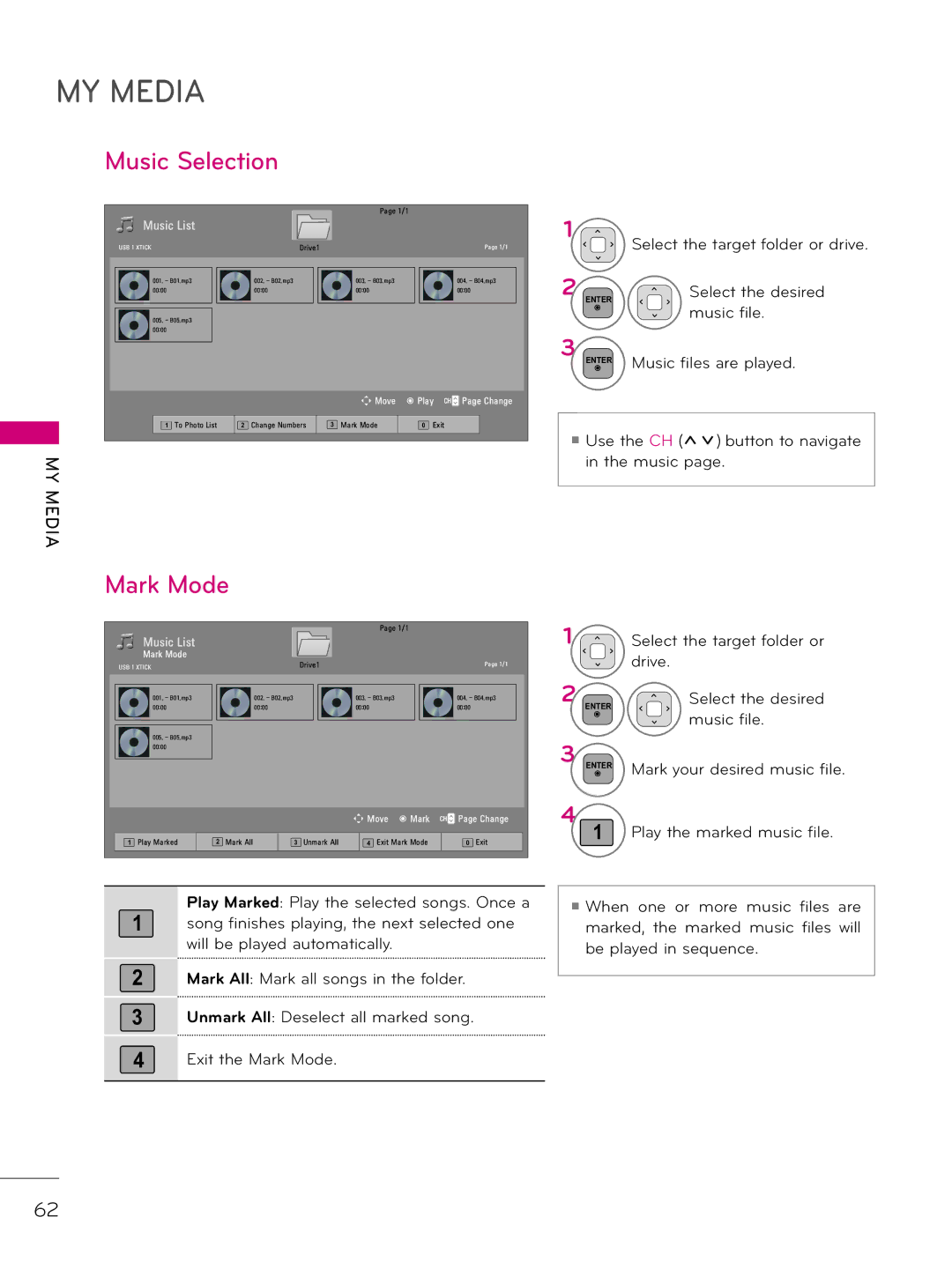 LG Electronics 26LD343H Music Selection, Music files are played, Use the CH ꕌꕍ button to navigate in the music 