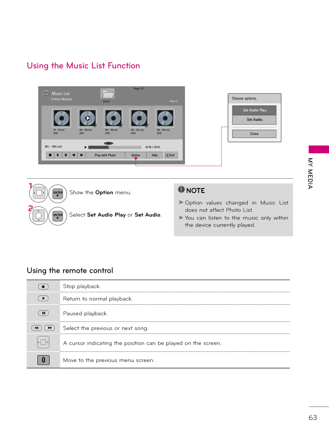 LG Electronics 32LD343H, 42LD343H Using the Music List Function, Show the Option menu, Select Set Audio Play or Set Audio 