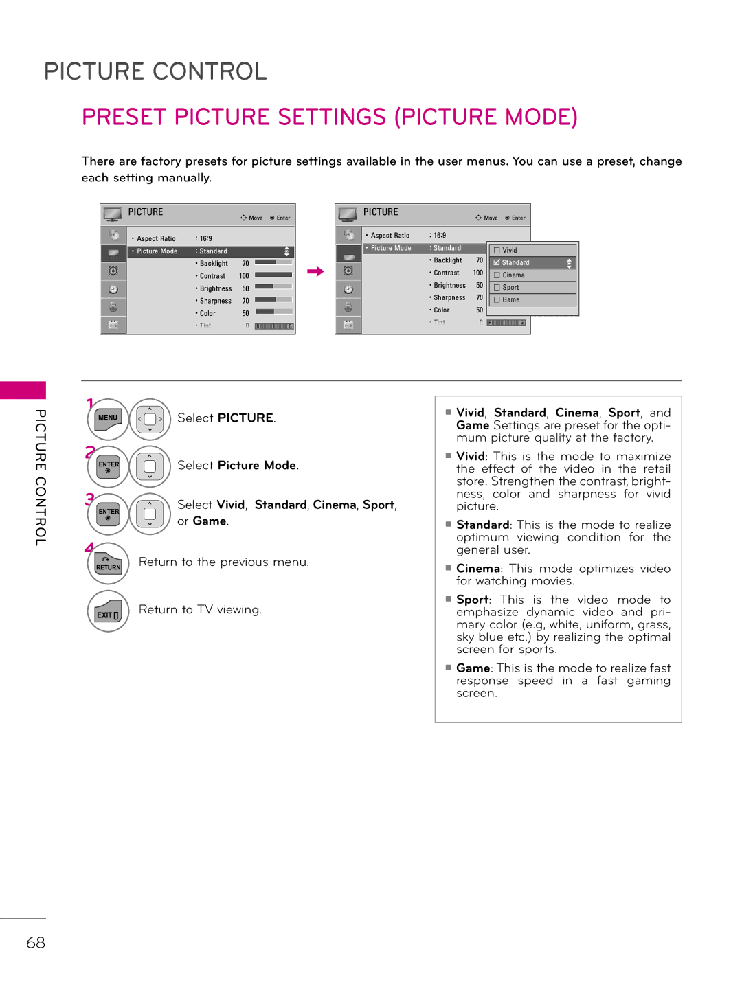 LG Electronics 26LD343H Preset Picture Settings Picture Mode, Select Picture Mode Select Vivid, Standard, Cinema, Sport 