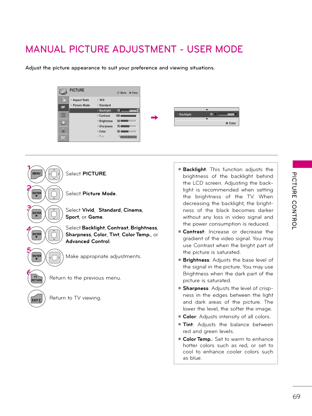 LG Electronics 32LD343H, 42LD343H, 37LD343H, 26LD343H, 32LD333H, 37LD333H owner manual Manual Picture Adjustment User Mode 