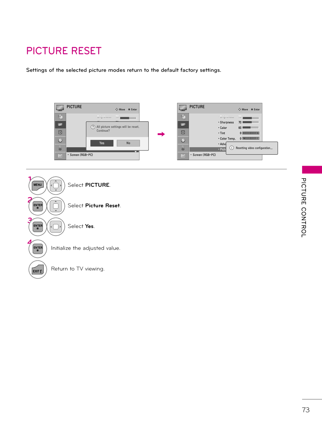 LG Electronics 37LD343H, 42LD343H, 26LD343H Menu Select Picture, Initialize the adjusted value, Select Picture Reset 