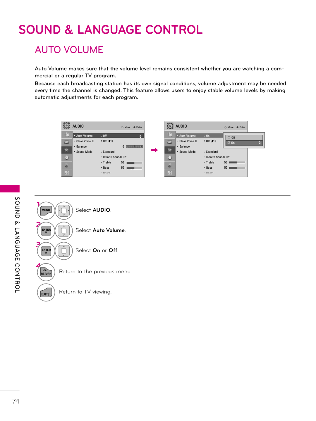 LG Electronics 26LD343H, 42LD343H, 37LD343H, 32LD343H, 32LD333H, 37LD333H owner manual Select Audio, Select Auto Volume 