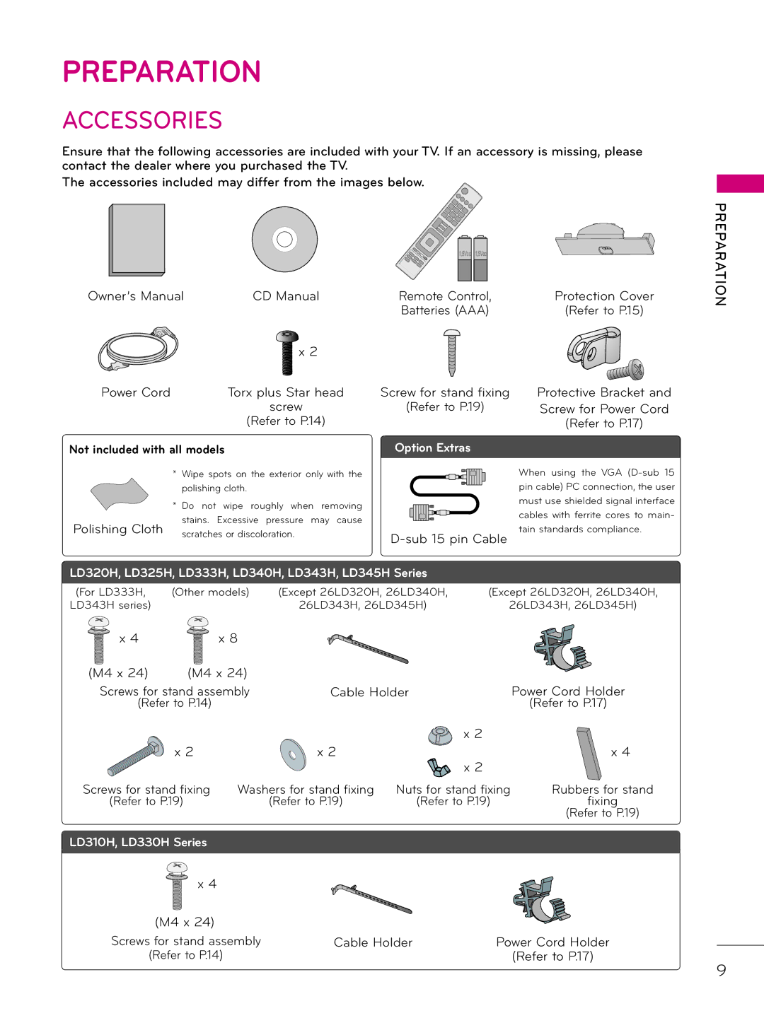 LG Electronics 32LD343H, 42LD343H, 37LD343H, 26LD343H, 32LD333H, 37LD333H owner manual Accessories 