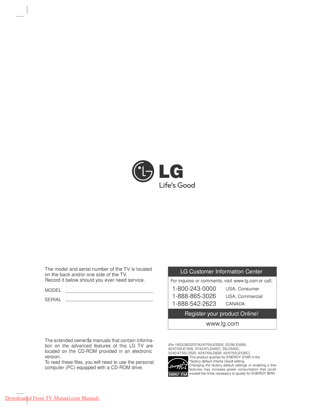 LG Electronics 42LE530C 47LE530C 55LE530C, 42LD450C 47LD450C 32LD520 42LD520 owner manual Canada 