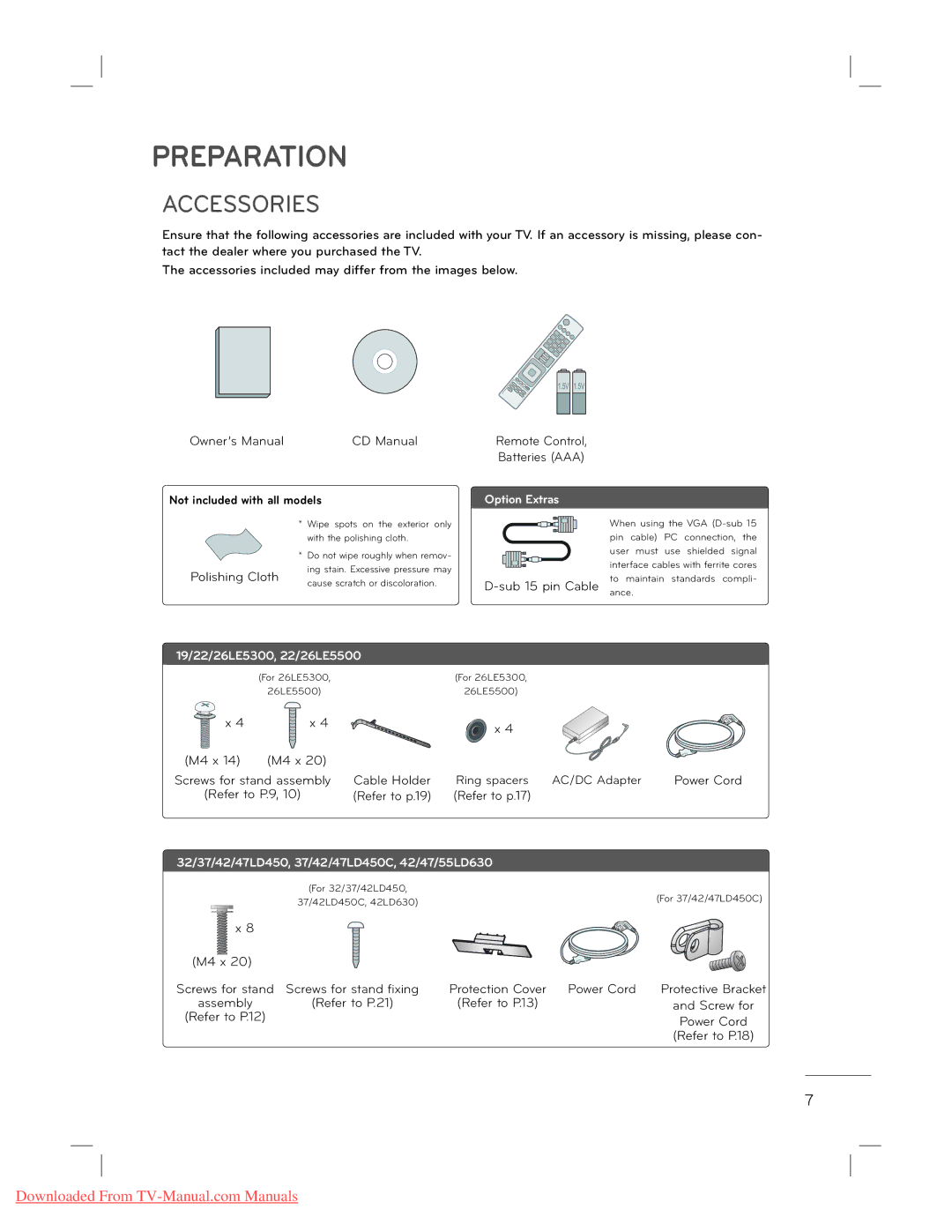 LG Electronics 42LD450C 47LD450C 32LD520 42LD520, 42LE530C 47LE530C 55LE530C Accessories, Not included with all models 