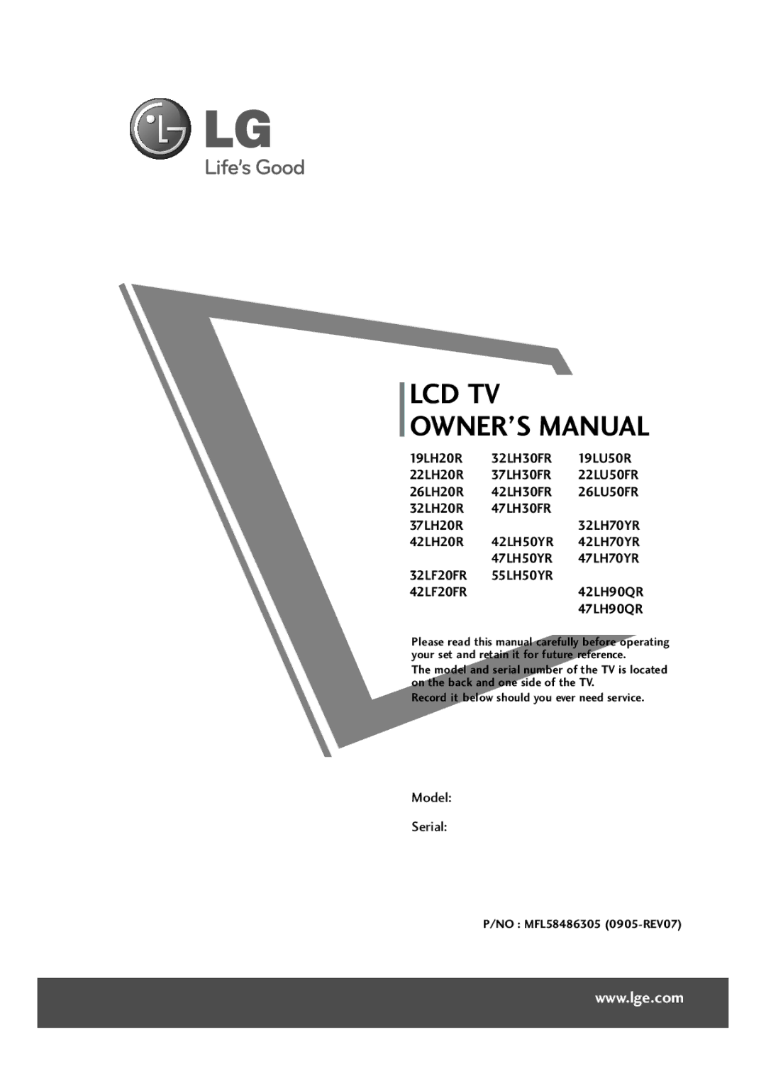 LG Electronics 37LH30FR, 42LF20FR, 37LH20R, 32LH30FR, 32LF20FR, 42LH50YR, 42LH30FR, 47LH50YR, 47LH30FR owner manual Lcd Tv 