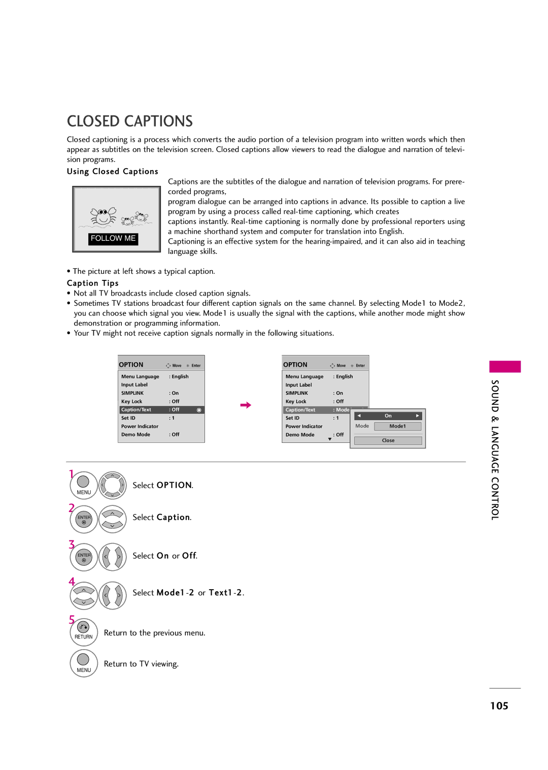 LG Electronics 42LH50YR, 42LF20FR, 37LH30FR, 37LH20R, 32LH30FR, 32LF20FR, 42LH30FR, 47LH50YR Closed Captions, Sound & Language 