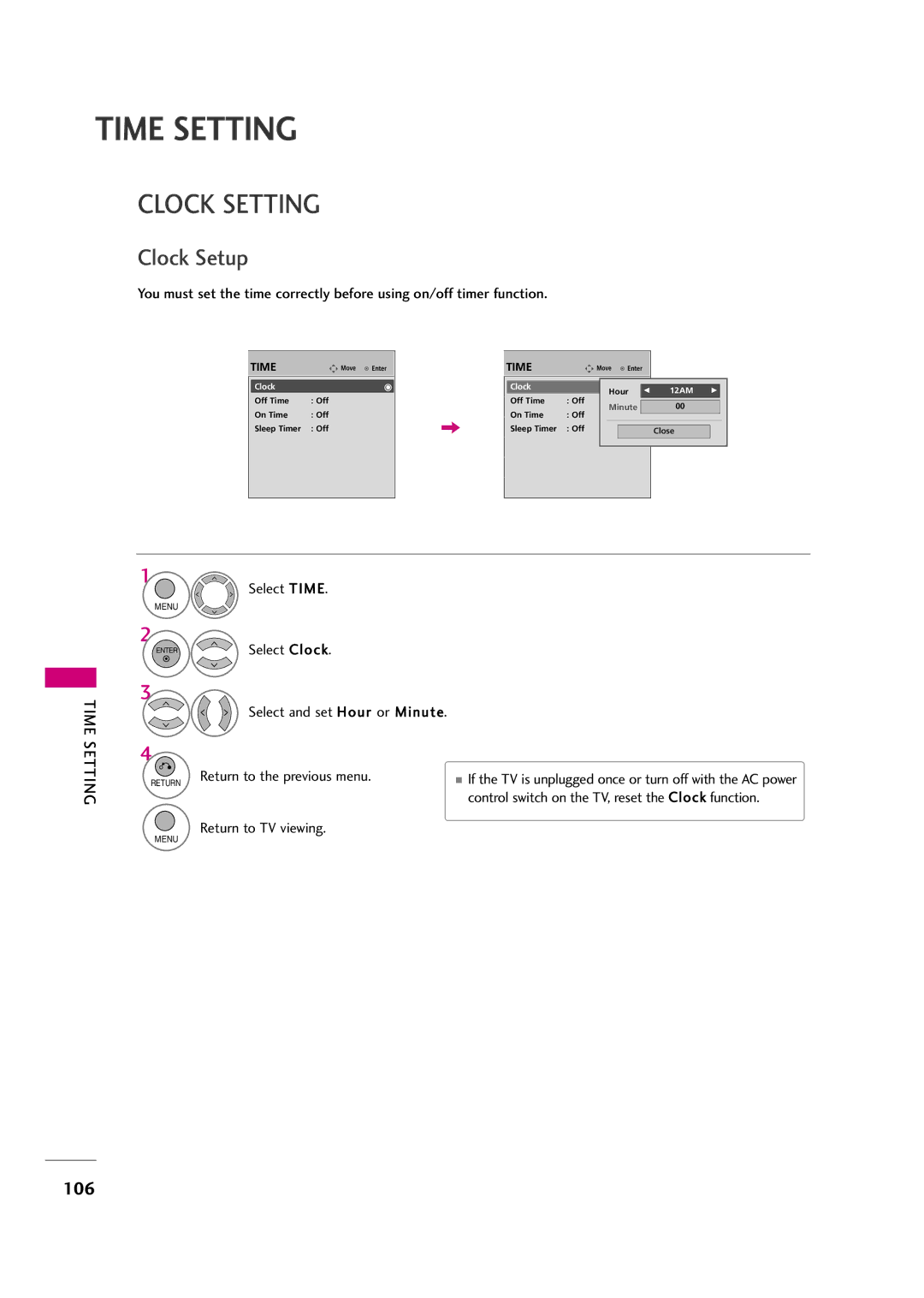 LG Electronics 42LH30FR, 42LF20FR, 37LH30FR, 37LH20R, 32LH30FR, 32LF20FR, 42LH50YR, 47LH50YR Clock Setting, Time Setting 