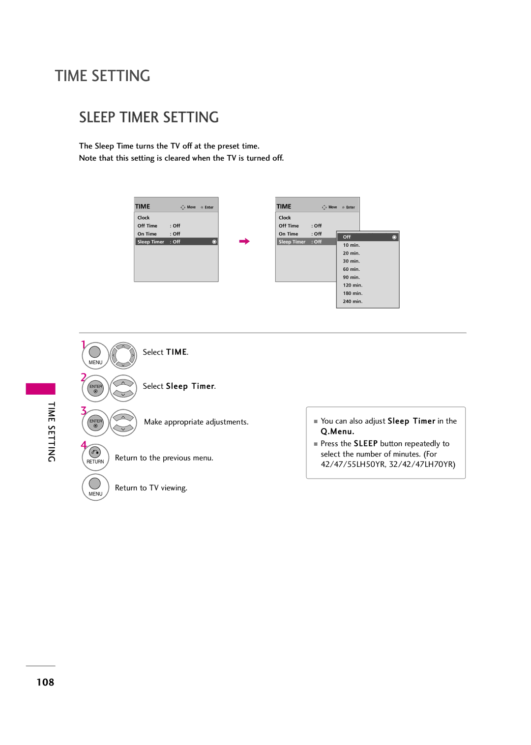 LG Electronics 47LH30FR, 42LF20FR, 37LH30FR, 37LH20R Sleep Timer Setting, Sleep Time turns the TV off at the preset time 