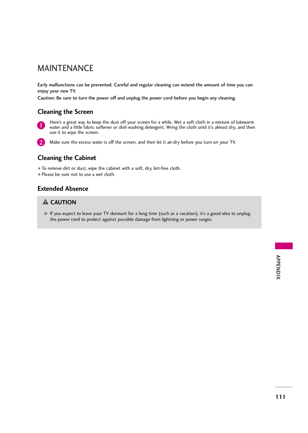 LG Electronics 37LH30FR, 42LF20FR, 37LH20R Maintenance, Cleaning the Screen, Cleaning the Cabinet, Extended Absence 