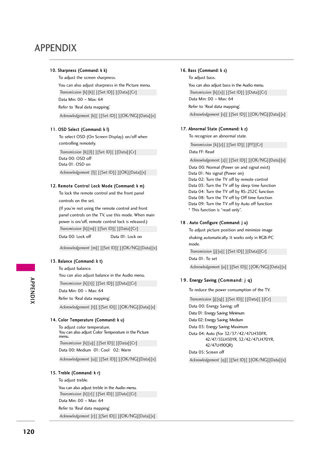 LG Electronics 42LF20FR, 37LH30FR, 37LH20R, 32LH30FR, 32LF20FR, 42LH50YR, 42LH30FR, 47LH50YR, 47LH30FR, 55LH50YR owner manual 120 