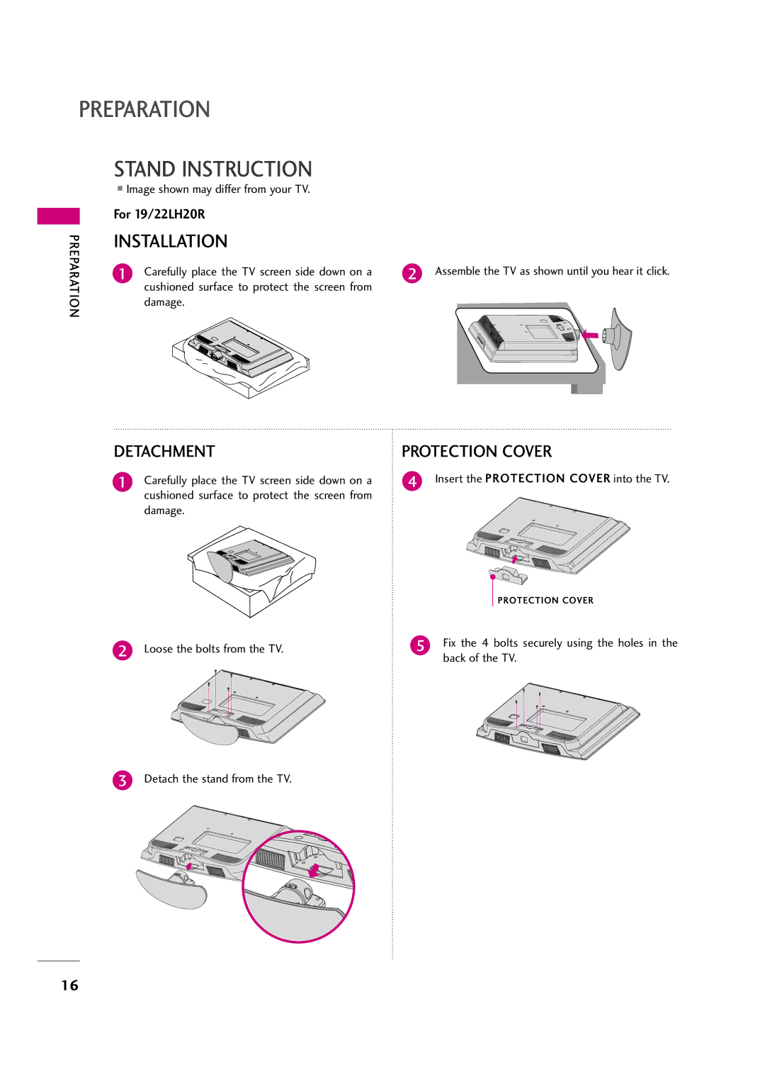 LG Electronics 42LH30FR, 42LF20FR, 37LH30FR, 37LH20R Stand Instruction, Cushioned surface to protect the screen from Damage 