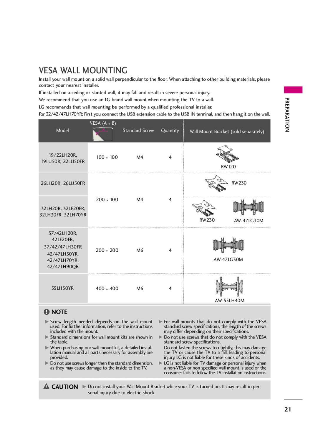 LG Electronics 37LH30FR, 42LF20FR, 37LH20R, 32LH30FR, 32LF20FR, 42LH50YR Vesa Wall Mounting, RW230, 200, 400 AW-55LH40M 