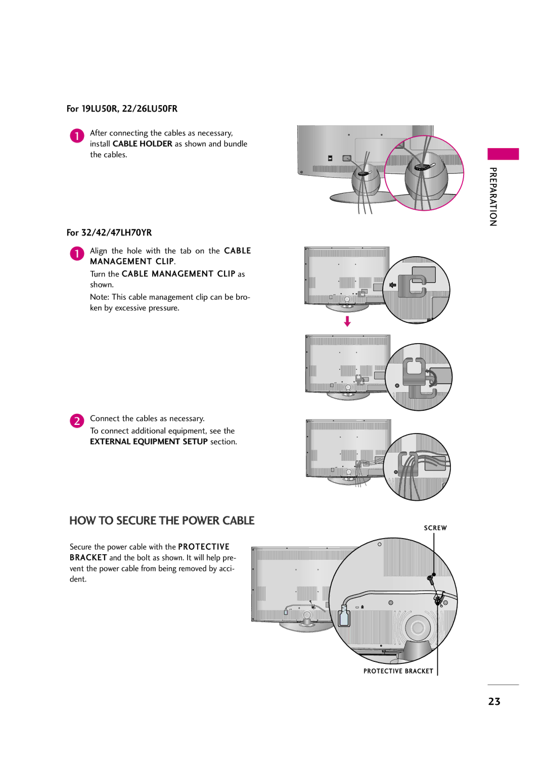 LG Electronics 32LH30FR, 42LF20FR, 37LH30FR, 37LH20R, 32LF20FR, 42LH50YR, 42LH30FR, 47LH50YR HOW to Secure the Power Cable 