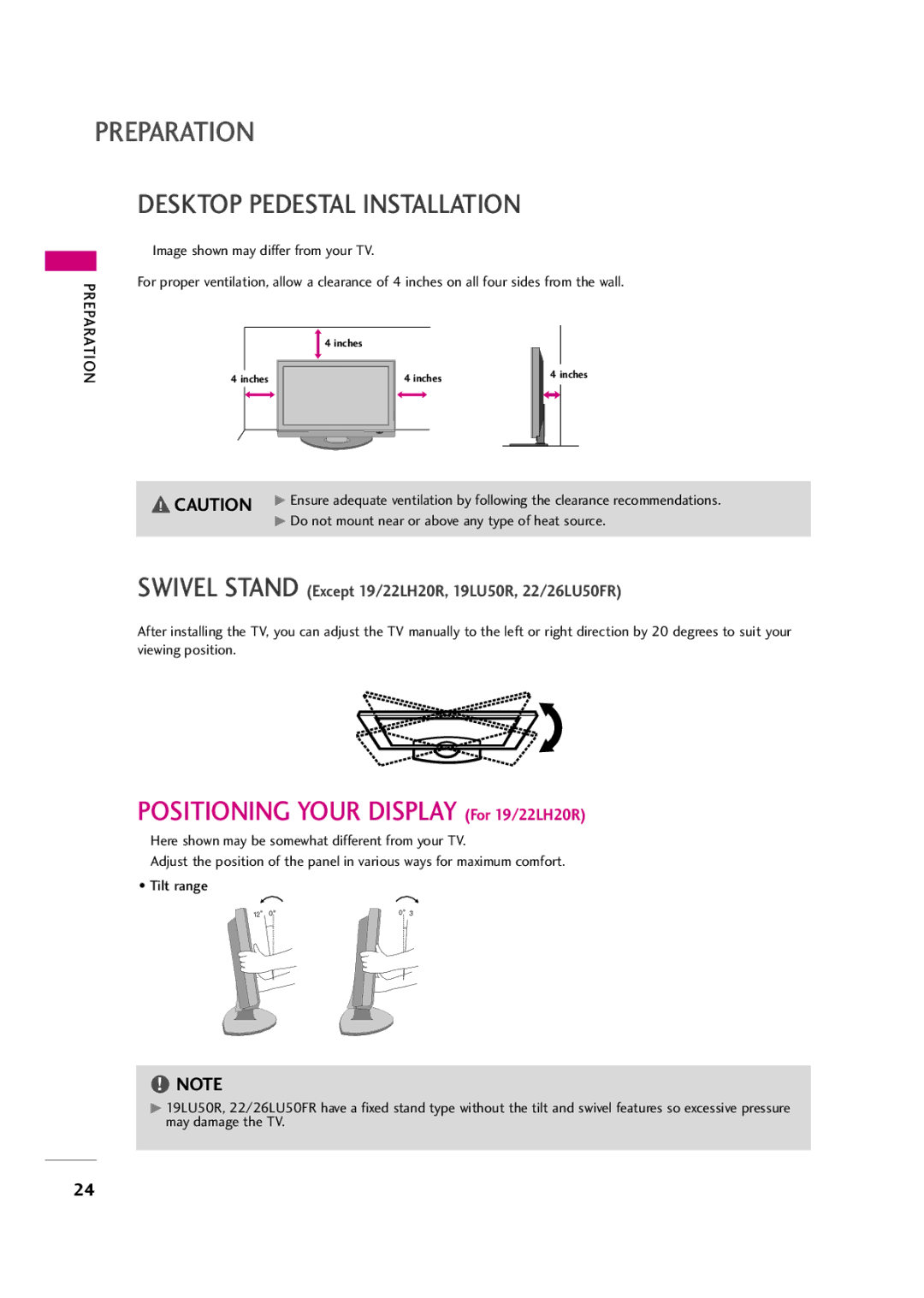 LG Electronics 32LF20FR, 42LF20FR Desktop Pedestal Installation, Swivel Stand Except 19/22LH20R, 19LU50R, 22/26LU50FR 