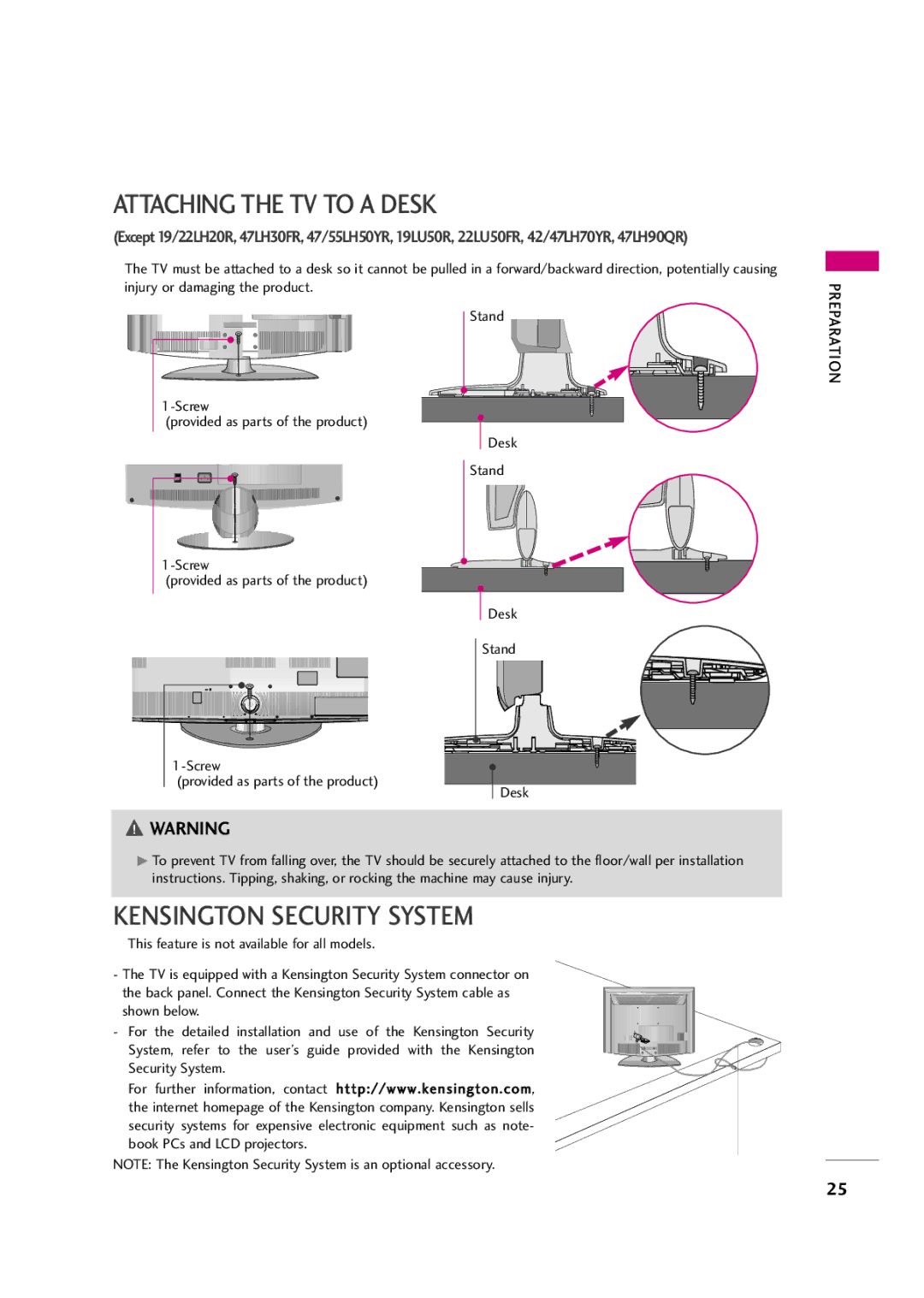 LG Electronics 42LH50YR, 42LF20FR, 37LH30FR, 37LH20R, 32LH30FR Attaching the TV to a Desk, Kensington Security System 