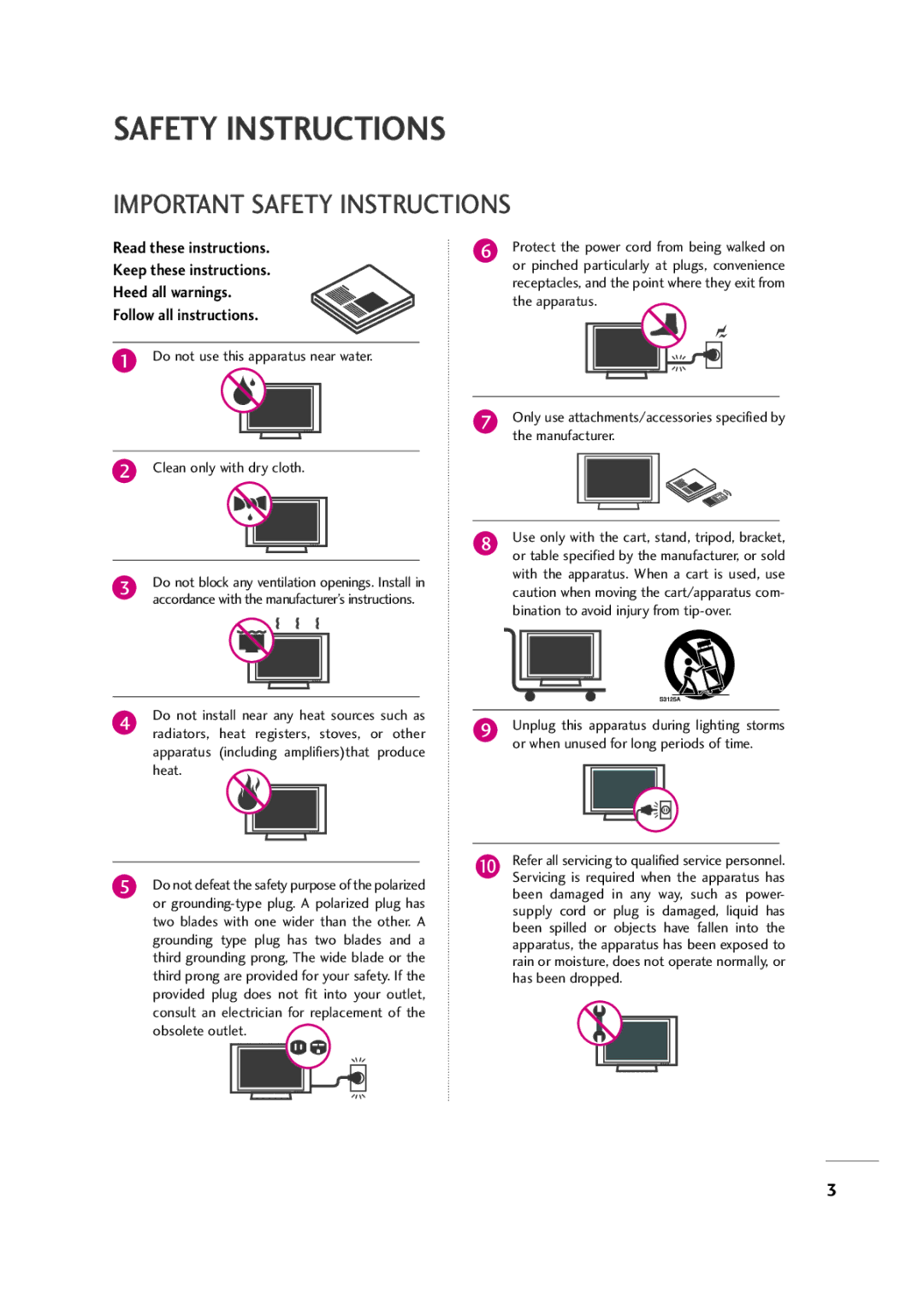 LG Electronics 32LH30FR, 42LF20FR, 37LH30FR Important Safety Instructions, Apparatus including amplifiersthat produce heat 