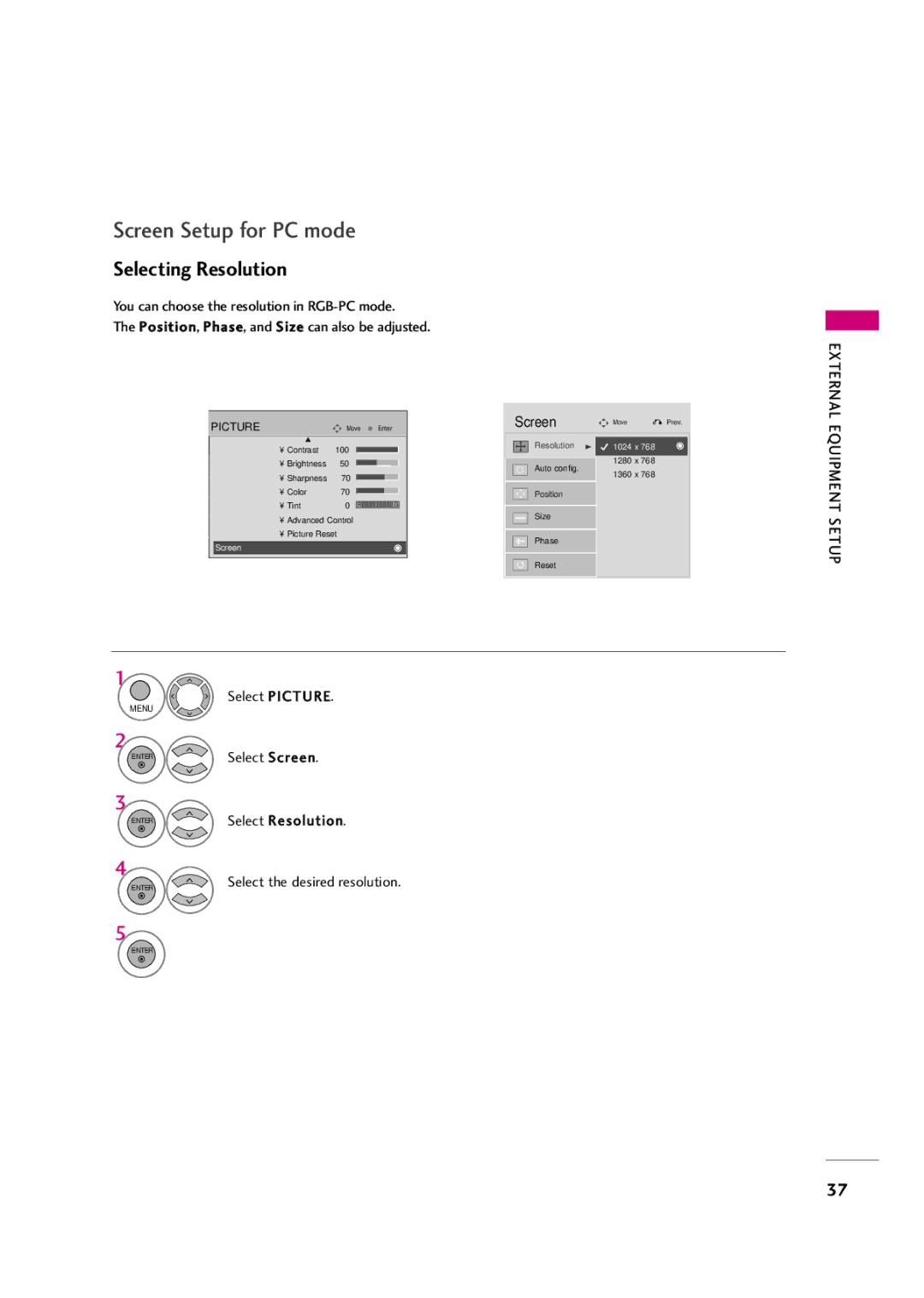 LG Electronics 47LH50YR Selecting Resolution, Select Picture, Select Resolution, Enter Select the desired resolution 