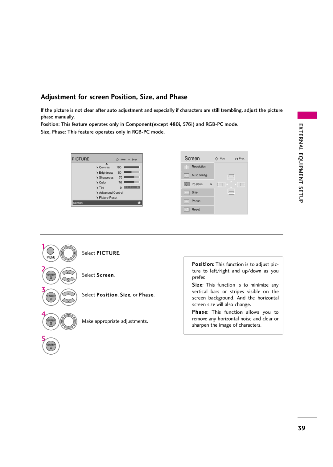 LG Electronics 55LH50YR, 42LF20FR, 37LH30FR, 37LH20R, 32LH30FR Adjustment for screen Position, Size, and Phase, External 