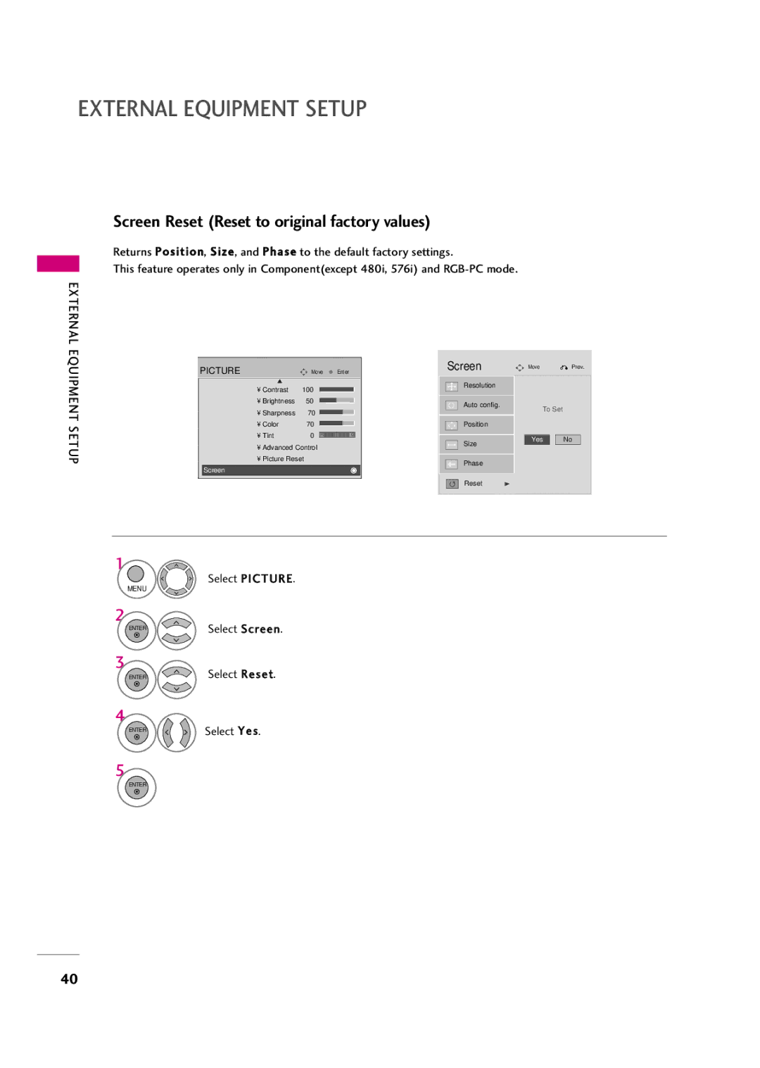 LG Electronics 42LF20FR, 37LH30FR, 37LH20R, 32LH30FR Screen Reset Reset to original factory values, Enter Select Reset 