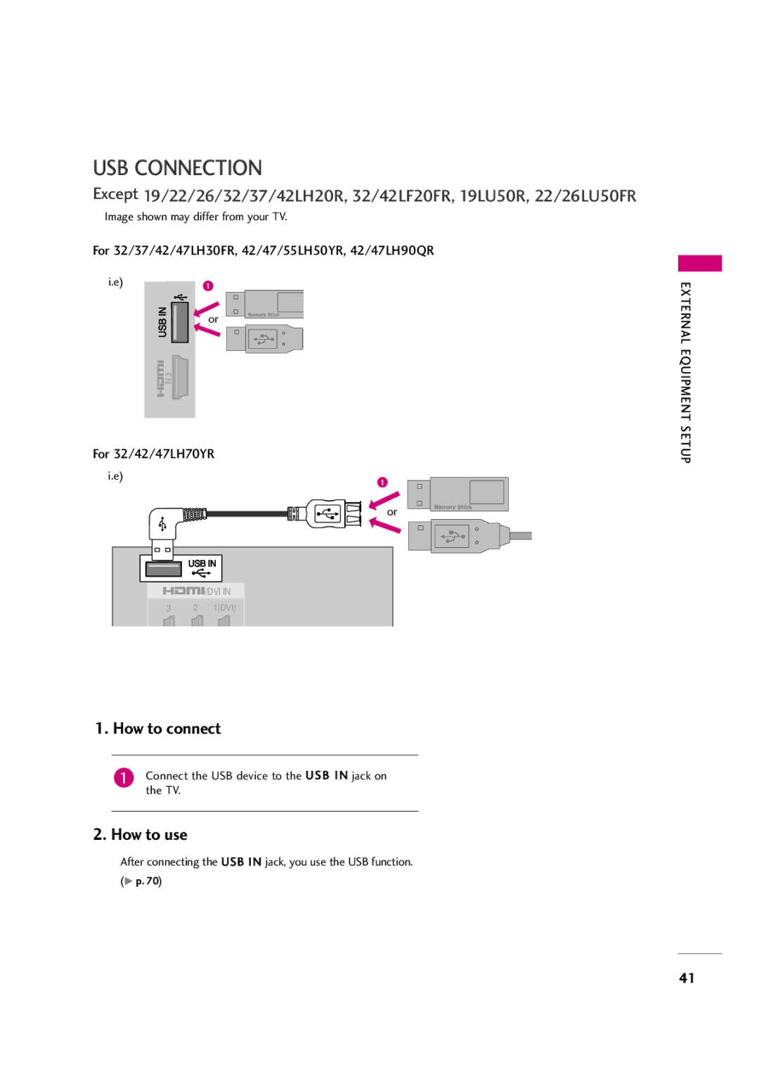 LG Electronics 37LH30FR, 42LF20FR, 37LH20R, 32LH30FR USB Connection, Connect the USB device to the USB I N jack on the TV 