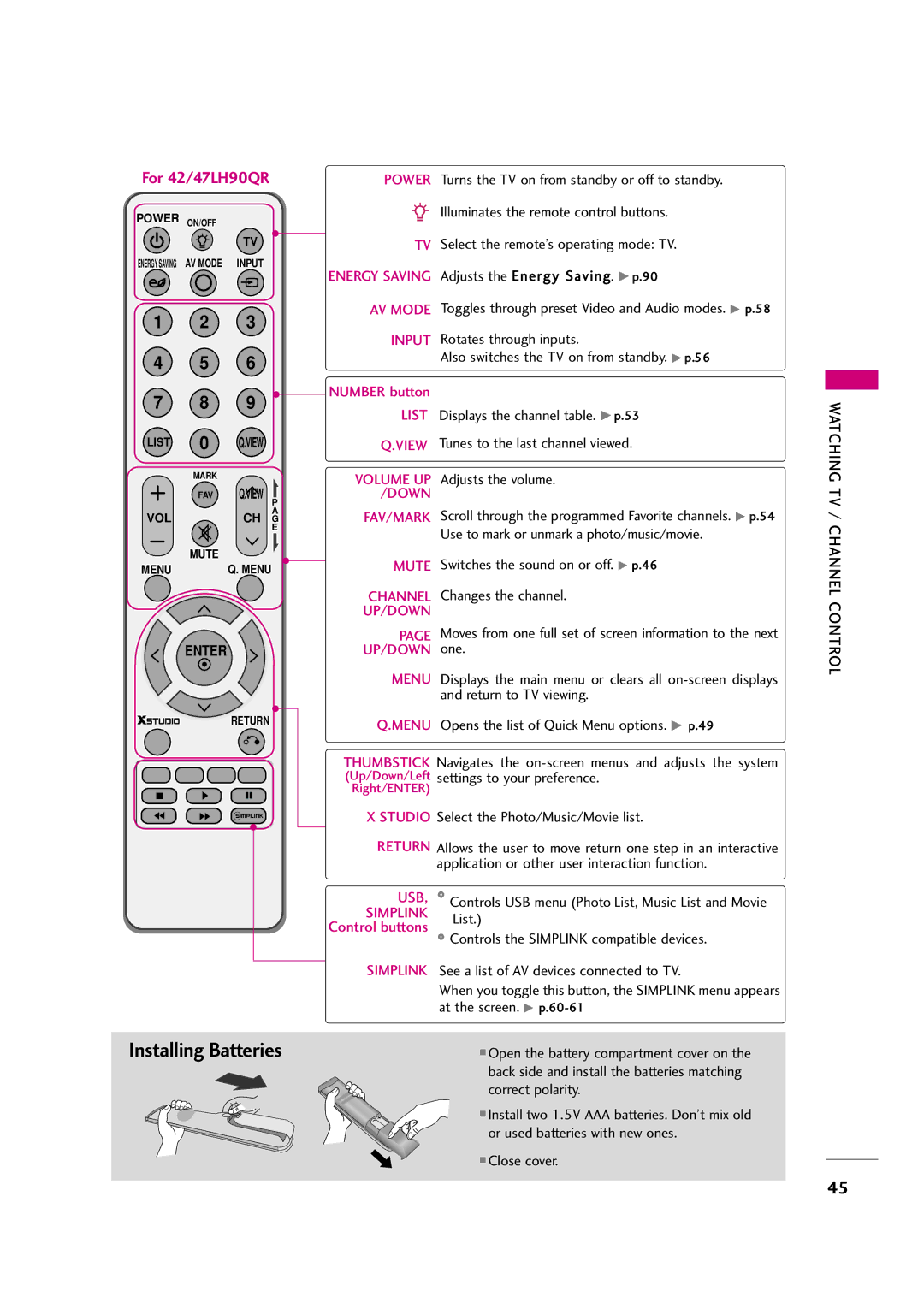 LG Electronics 42LH50YR, 42LF20FR, 37LH30FR, 37LH20R, 32LH30FR, 32LF20FR, 42LH30FR, 47LH50YR, 47LH30FR Installing Batteries 