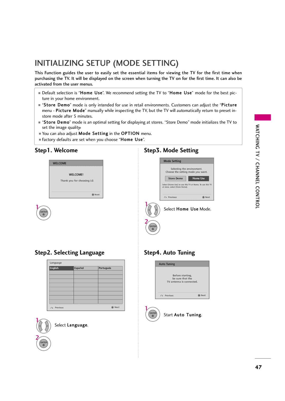 LG Electronics 47LH50YR Initializing Setup Mode Setting, Welcome, Selecting Language, Auto Tuning, Channel Control 