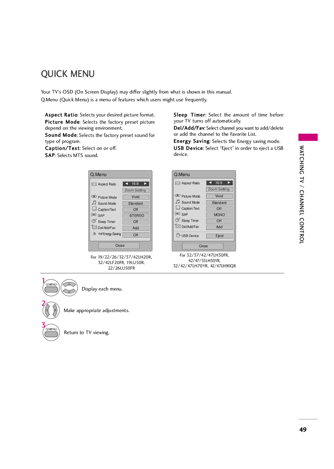 LG Electronics 55LH50YR, 42LF20FR, 37LH20R Quick Menu, TV / Channel Control, Display each menu Make appropriate adjustments 