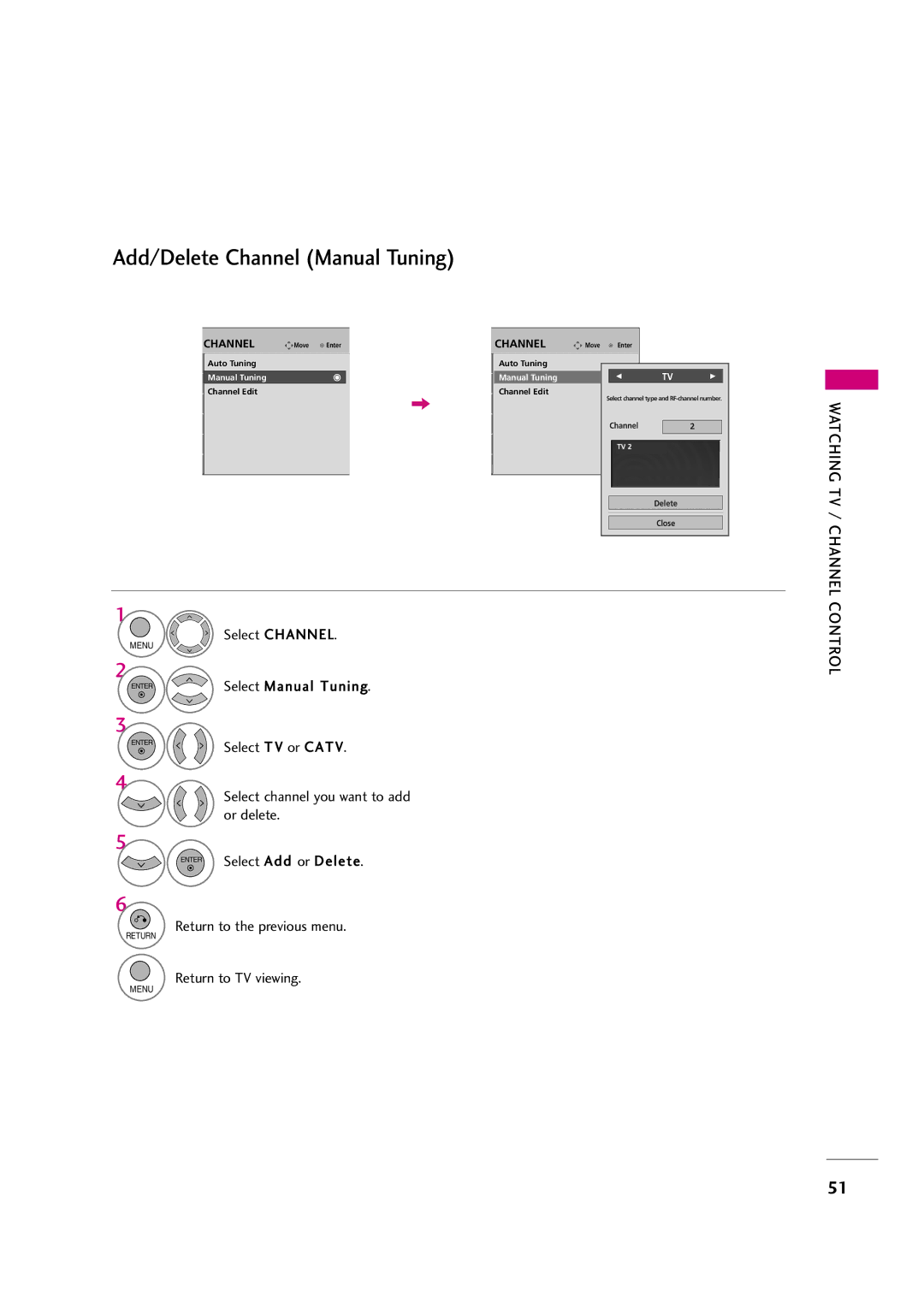 LG Electronics 37LH30FR, 42LF20FR, 37LH20R, 32LH30FR, 32LF20FR Add/Delete Channel Manual Tuning, Select Add or Delete 