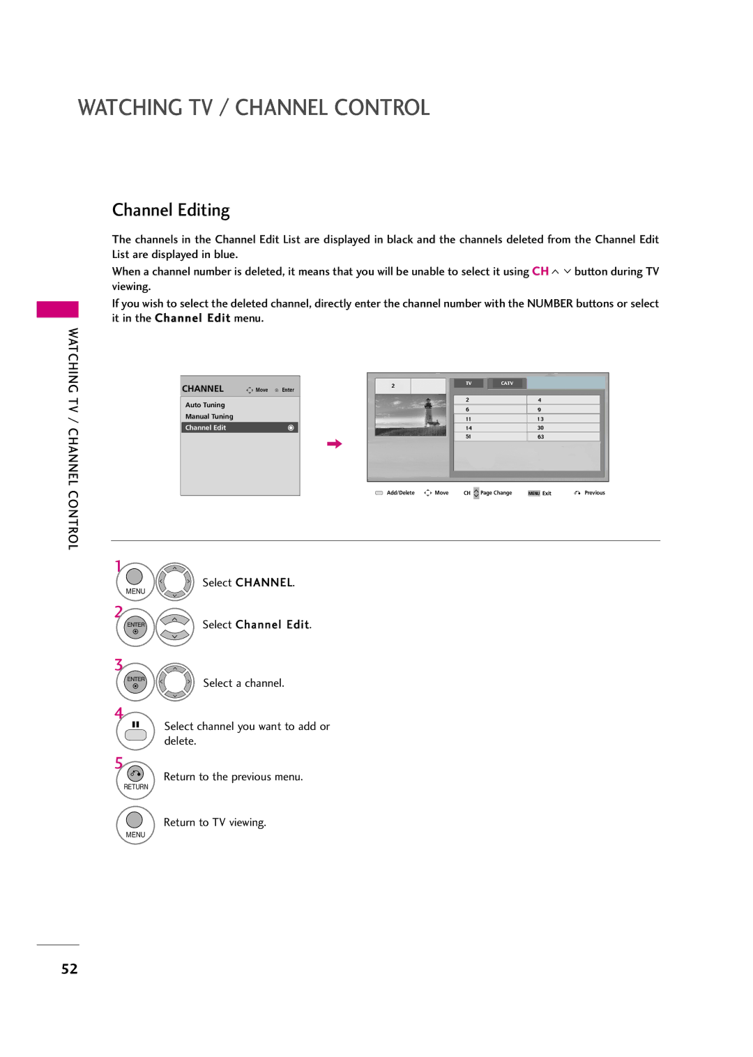 LG Electronics 37LH20R, 42LF20FR, 37LH30FR, 32LH30FR, 32LF20FR, 42LH50YR, 42LH30FR Channel Editing, Select Channel Edit 