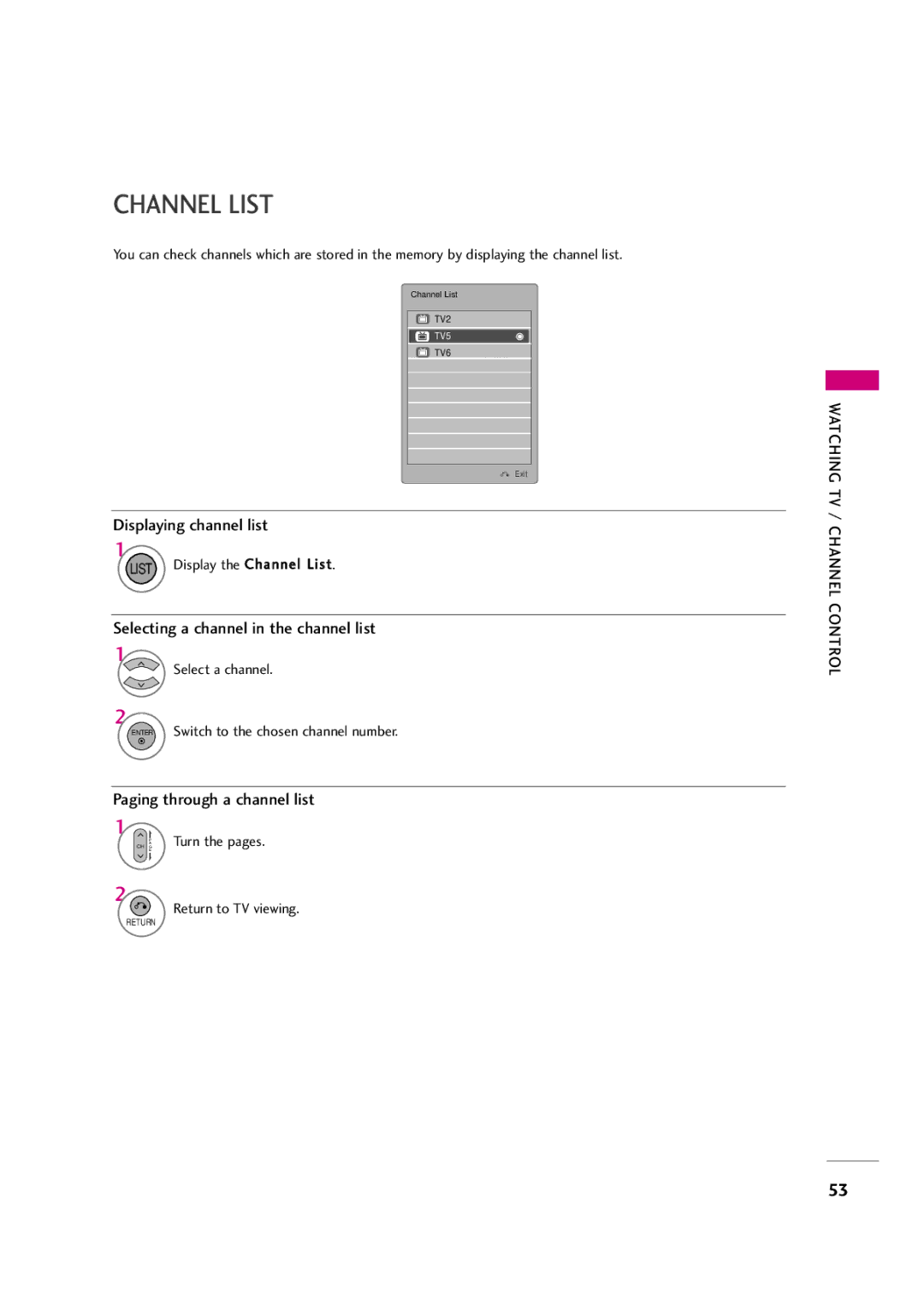 LG Electronics 32LH30FR List Display the Channel List, Select a channel Enter Switch to the chosen channel number 